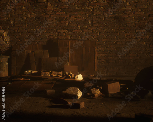 Obraz na płótnie All kinds of rubbish lying on the street near a wall. A polluted urban environment. 3D render. w salonie
