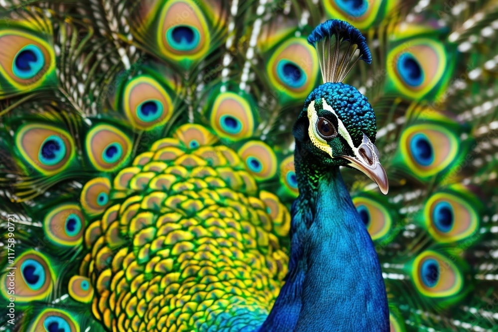 Fototapeta premium Colorful peacock displaying its magnificent feathers in a lush green garden during the daytime