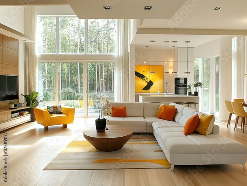 modern open living room, large windows, forest view, white sectional sofa, yellow accent chair, wooden coffee table, minimalist kitchen, yellow abstract art, bright interior, natural light, contempora photo