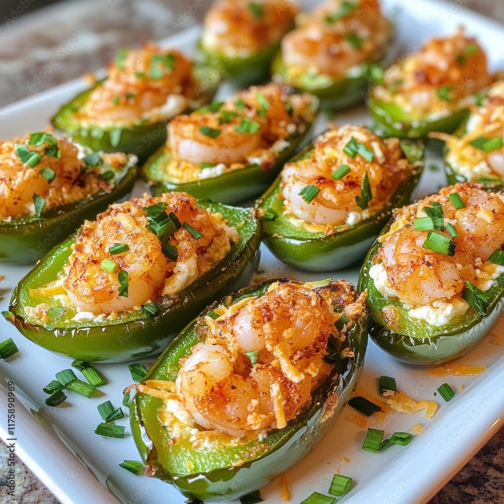 Spicy shrimp-stuffed jalapeños topped with cheese and chives on a white platter. Spicy shrimp-stuffed jalapeños topped with cheese and chives on a white platter.