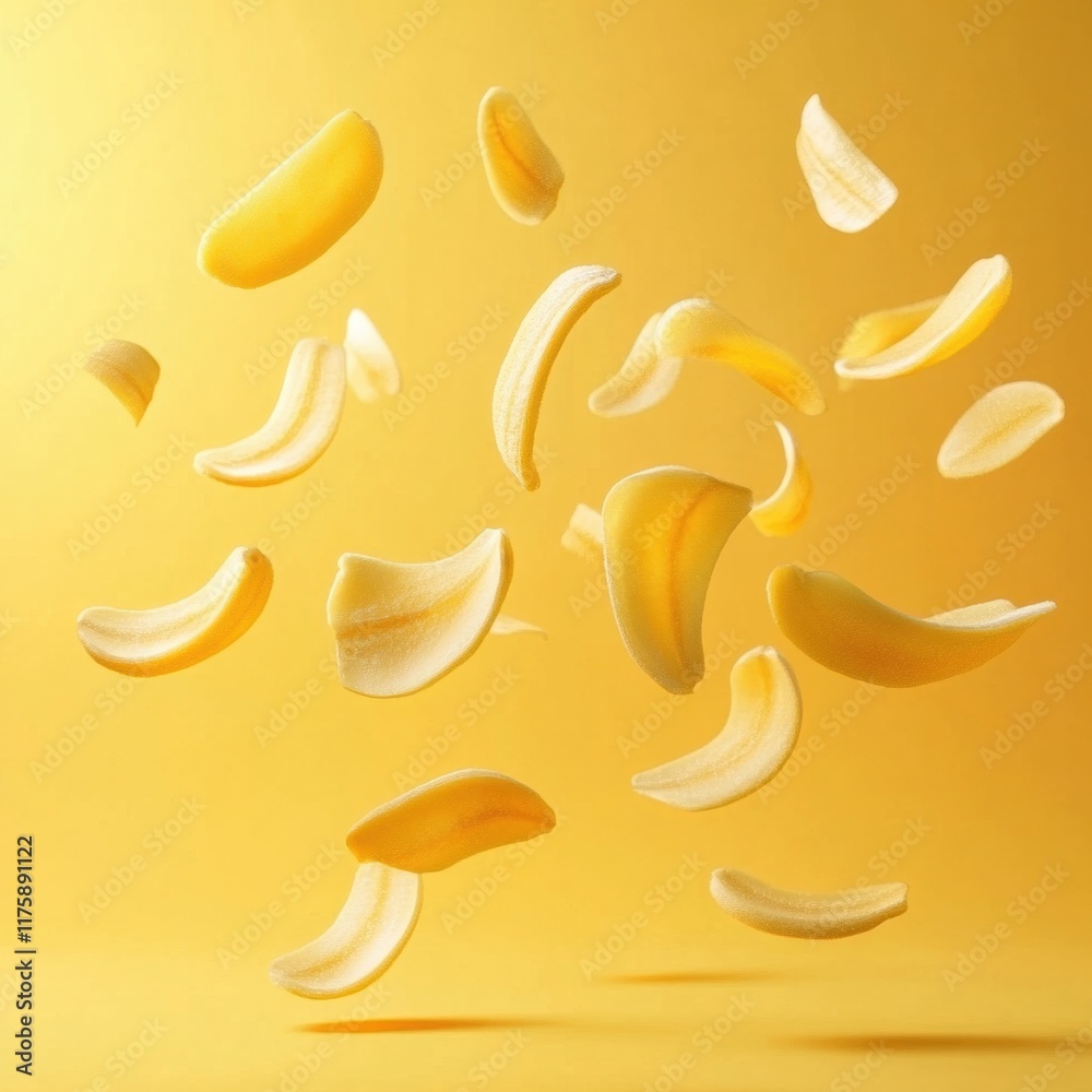 Obraz premium Floating potato chips against a vibrant yellow background in mid-air.