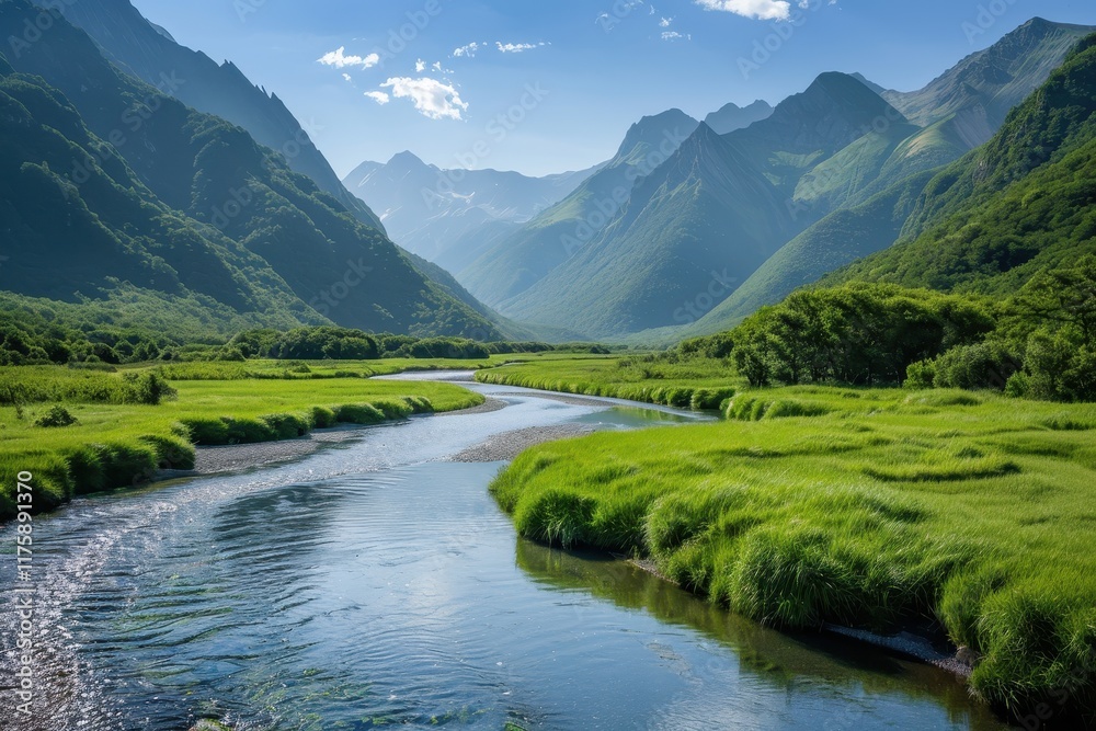 Breathtaking landscape showcasing a river winding through lush greenery and mountains under a bright sky during the day Breathtaking landscape showcasing a river winding through lush greenery and mountains under a bright sky during the day