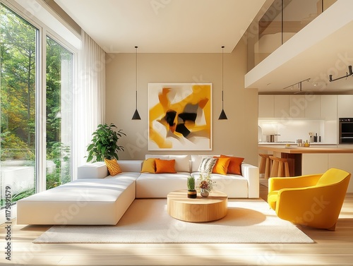 modern open living room, large windows, forest view, white sectional sofa, yellow accent chair, wooden coffee table, minimalist kitchen, yellow abstract art, bright interior, natural light, contempora photo