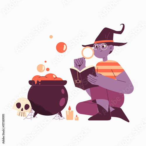 Man In Witch Hat Reading Spellbook Near Cauldron In Flat Vector Illustration Symbolizing Magic, Witchcraft, And Halloween, Isolated On White Background