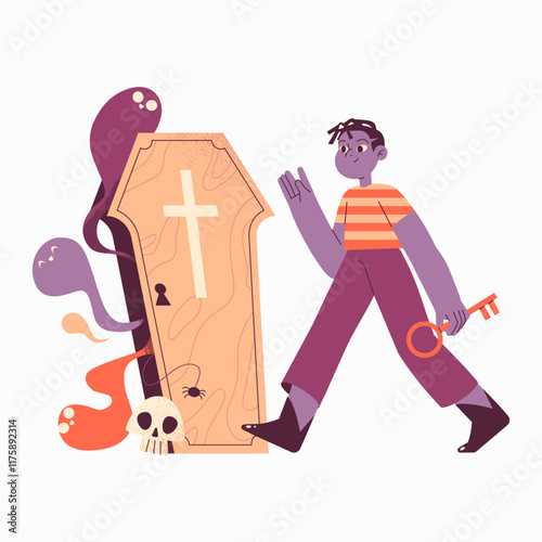 Man Holding Key Walking Toward Coffin With Ghosts In Flat Vector Illustration Symbolizing Halloween, Mystery, And Afterlife, Isolated On White Background