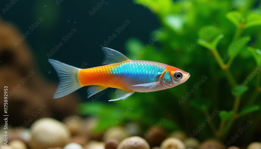 Fototapeta premium A charming neon tetra elegantly gliding through a freshwater tank, harmoniously blending with its colorful environment and providing an exquisite display of aquatic beauty.