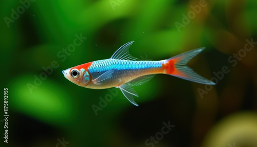 A colorful neon tetra gracefully swimming in a freshwater tank, surrounded by lush aquatic plants, ideal for showcasing the vibrancy of underwater life. photo