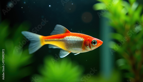 A stunning neon tetra swimming in a vibrant freshwater tank, providing a delightful view of its lively personality amid the aquatic plants. photo