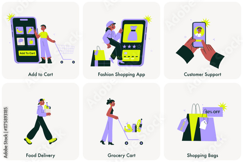 Marketplace illustrations set about online shopping activities, food delivery, grocery shopping, customer support, fashion shopping app, and discount shopping bags, flat vector illustration