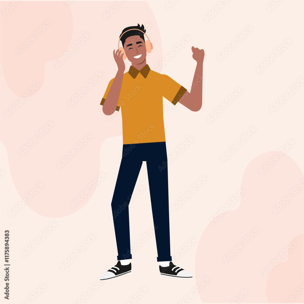 A Black Guy Male Flat Character Standing Hearing Music with Headphone A Black Guy Male Flat Character Standing Hearing Music with Headphone