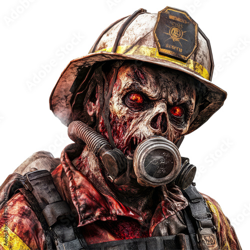 A terrifying firefighter zombie wearing a gas mask stands against a transparent background, showcasing horror themed artistry, Firefighter zombie on transparent background photo