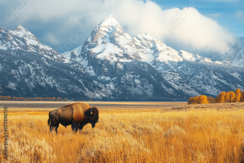 Bison in front of Grand Teton Mountain range with grass in foreground 
 photo