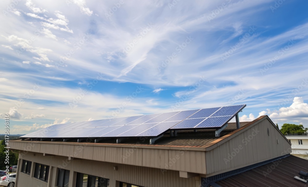A solar panel array is installed on the roof of a building innovative solar panel innovation power electricity energy technology panel renewable A solar panel array is installed on the roof of a building innovative solar panel innovation power electricity energy technology panel renewable
