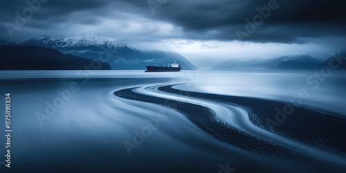 Black Oil spilled in the sea. Consequences of oil tanker wreck on the water. Ecological disaster, fresh water pollution
