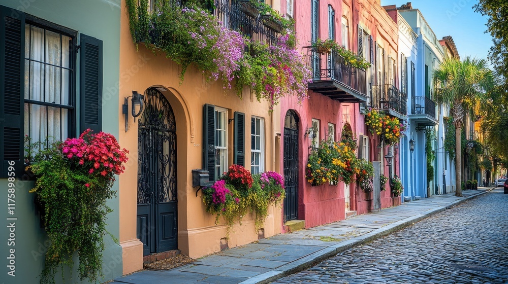 Fototapeta premium Colorful historic houses line a cobblestone street, adorned with vibrant flowers and hanging plants.
