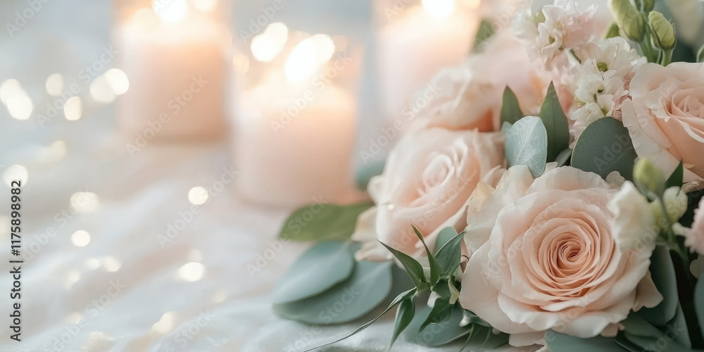 Obraz premium Composition of delicate fresh flowers in wedding decoration, wedding decorated with fresh flowers, copy space