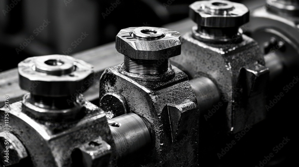 Close-Up View of Industrial Mechanical Components Displaying Rusty Metal Finish, Precision Engineering, and Intricate Details in Black and White Close-Up View of Industrial Mechanical Components Displaying Rusty Metal Finish, Precision Engineering, and Intricate Details in Black and White