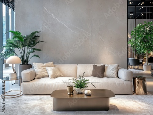 modern minimalist living room, grey sectional sofa, concrete wall texture, hanging pendant light, potted indoor plant, glass coffee table, neutral color palette, sleek design, spacious interior, conte