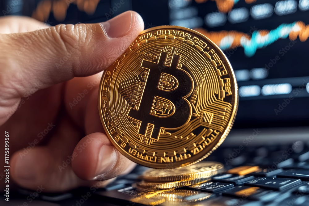 Bitcoin coin held in hand against trading chart background Bitcoin coin held in hand against trading chart background