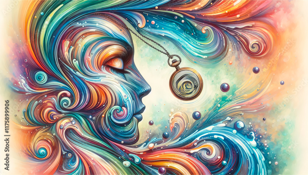 Colorful painting of woman with necklace and clock, full of vibrant colors and swirls, dreamy and whimsical feel Colorful painting of woman with necklace and clock, full of vibrant colors and swirls, dreamy and whimsical feel