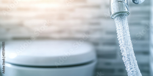 Plumber unclogging blocked toilet with hydro jetting at wc room. An employee shoves a hose into the toilet.