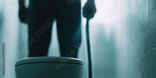 Plumber unclogging blocked toilet with hydro jetting at wc room. An employee shoves a hose into the toilet.