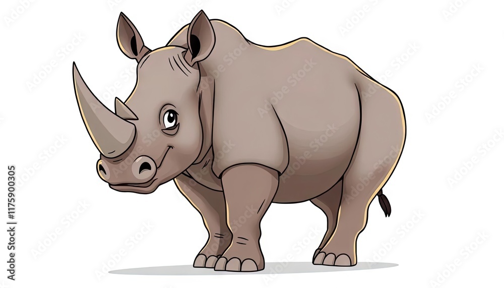 Fototapeta premium Cartoon rhino, happy expression, isolated background, children's book illustration