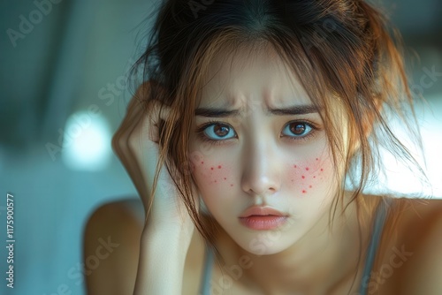 asian young woman experiencing an allergic reaction, scratching her arm covered in red spots, natural light highlights the concern in her expression, focusing on healthcare and sensitivity
