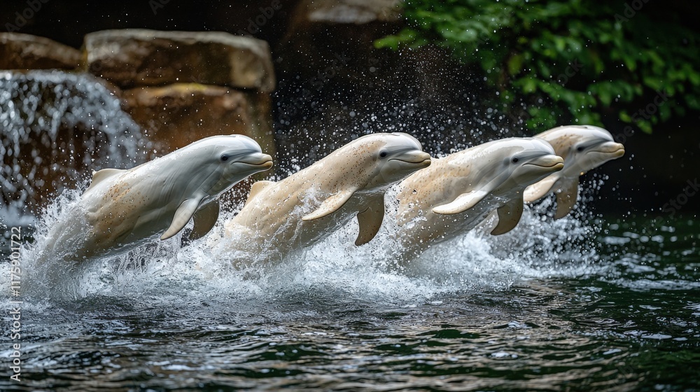 Fototapeta premium Joyful Dolphins Leaping in Synchrony