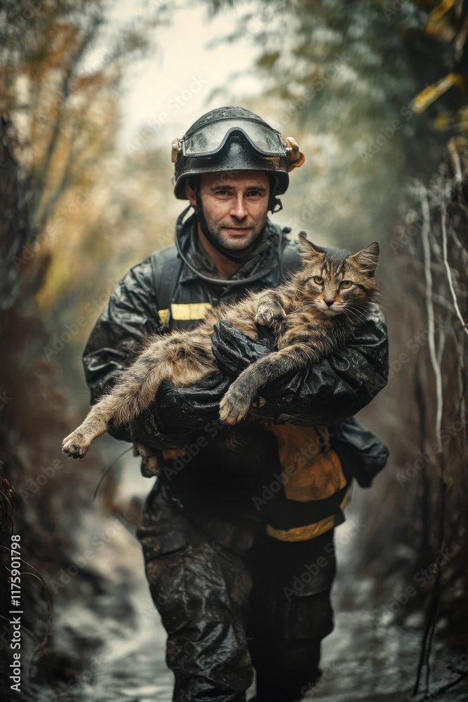 Fototapeta premium Rescue workers provide urgent care by carrying injured animals through a forested area during emergency operations