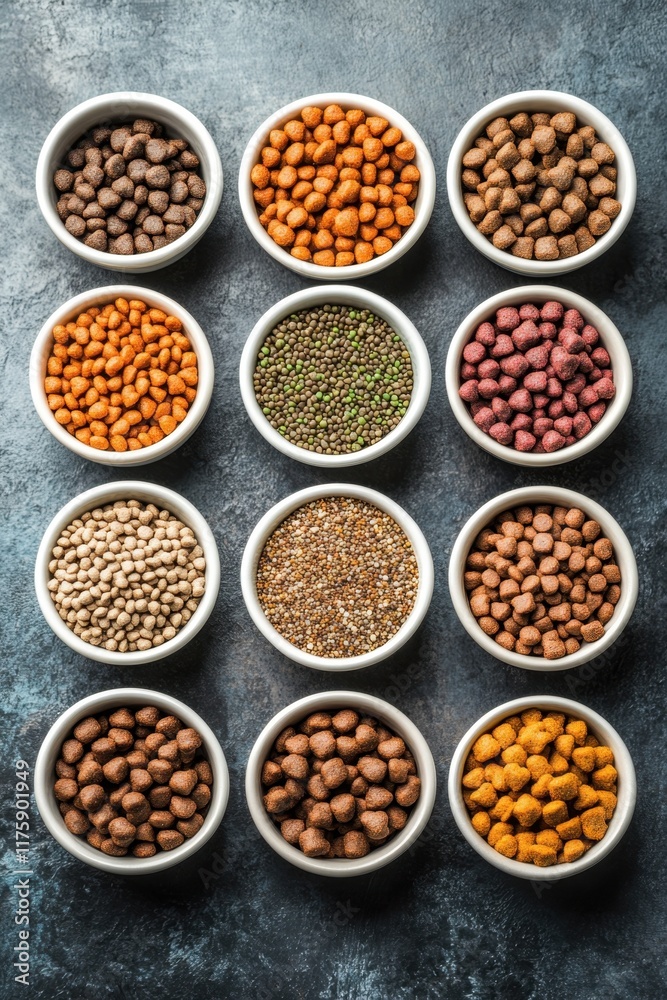 Exploring sustainable practices in pet food with a variety of organic and natural ingredients showcased in multiple small bowls Exploring sustainable practices in pet food with a variety of organic and natural ingredients showcased in multiple small bowls