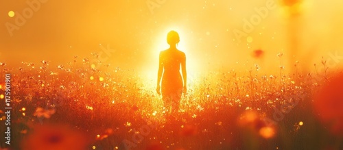 Silhouetted human figure standing in a field of flowers with a glowing radiant sky at sunset or sunrise  The scene has a dreamlike mystical a sense of spiritual journey reflection