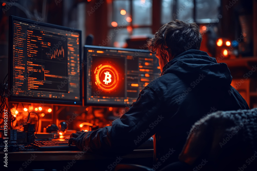 Hacker in hoodie analyzing cryptocurrency blockchain technology on glowing monitors Hacker in hoodie analyzing cryptocurrency blockchain technology on glowing monitors
