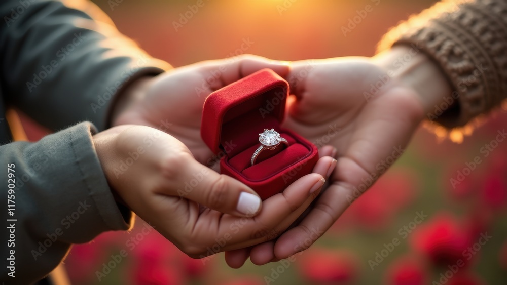 A heartfelt proposal scene featuring a stunning engagement ring in a red velvet box, held by a couple amidst a backdrop of blooming roses, symbolizing love and commitment A heartfelt proposal scene featuring a stunning engagement ring in a red velvet box, held by a couple amidst a backdrop of blooming roses, symbolizing love and commitment