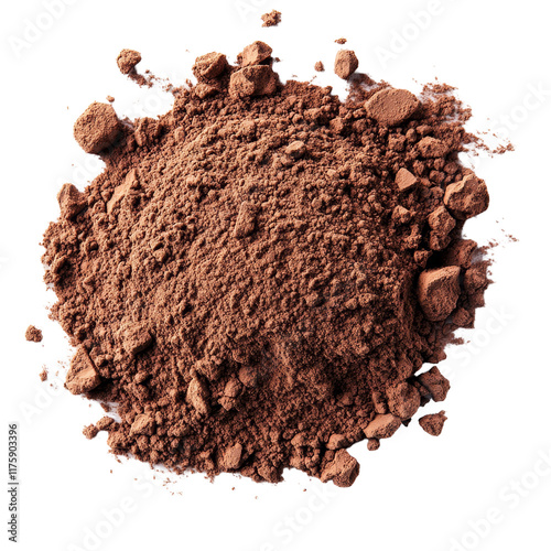 Rich cocoa powder on a clean transparent background showcasing its texture and color for baking and culinary uses, Cocoa powder on transparent background