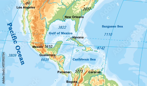 Vector geographical world map. Fragment of American continent with 
peninsula California, Florida, Gulf of Mexico,
Cuba, Haiti, Bermuda, Panama Canal, Sargasso Sea,
Antilles. Central America terrain.