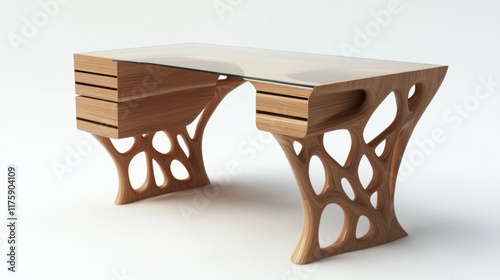 Modern organic wood desk, glass top, studio, minimalist design, furniture catalog photo