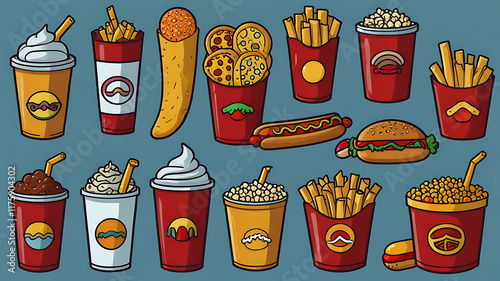 Fast food stickers illustrations set. Vector collection. Fast food cartoon icons. Hamburger, hot dog, pizza, taco, popcorn and other delicious food isolated on beige background. Perfect for menu desig