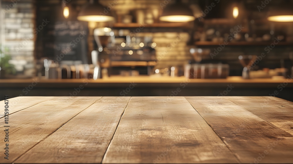 An empty wooden table is set against a backdrop of a bustling cafe kitchen, creating a warm and inviting atmosphere for customers to enjoy their meals and drinks An empty wooden table is set against a backdrop of a bustling cafe kitchen, creating a warm and inviting atmosphere for customers to enjoy their meals and drinks