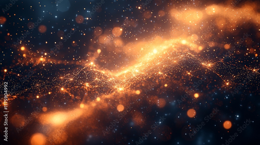 A dynamic backdrop featuring bright yellow and orange plexus connections that illuminate a dark canvas, with a text-friendly area in the lower left corner for impactful messaging A dynamic backdrop featuring bright yellow and orange plexus connections that illuminate a dark canvas, with a text-friendly area in the lower left corner for impactful messaging