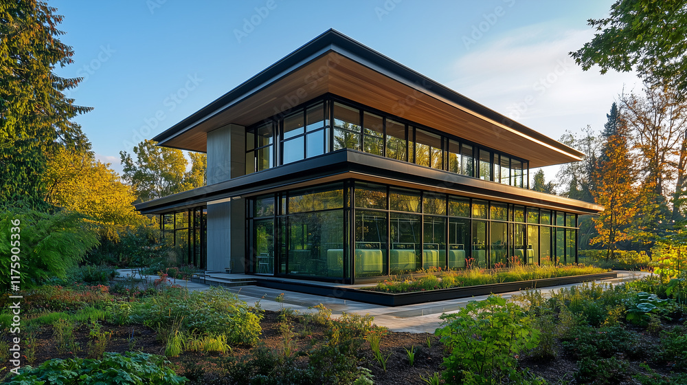 Modern glass home with lush landscaping in natural setting Modern glass home with lush landscaping in natural setting
