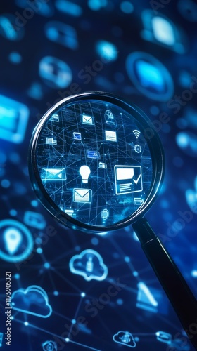 A magnifying glass hovering over a series of icons representing cloud-based collaboration tools like shared documents and virtual meetings .