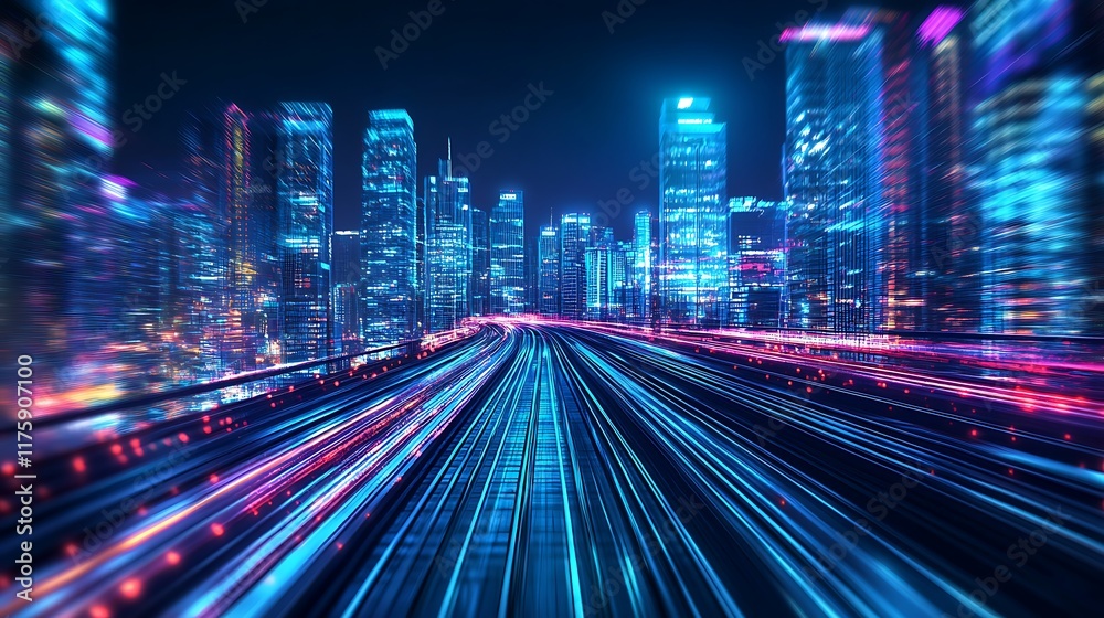 Fototapeta premium cyberpunk train tracks in neon city urban landscape