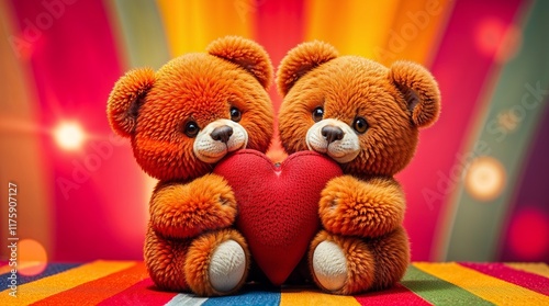 Two brown diverse Valentine teddy bears holding a red heart, on a rainbow backrgound