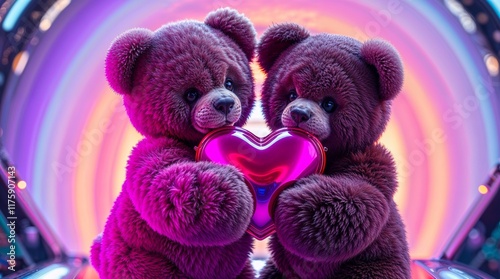 Two magenta diverse Valentine teddy bears holding a shiny magenta heart