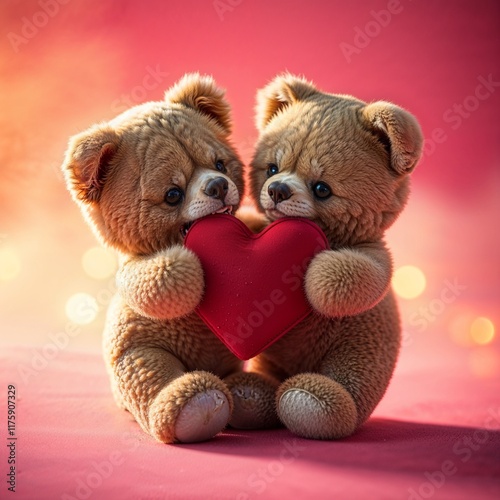 Two brown Valentine teddy bears, sitting on a pink carpet, holding a red heart, pink background
