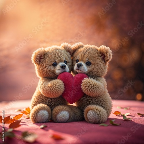 Two brown Valentine teddy bears, sitting on a pink carpet, holding a red heart