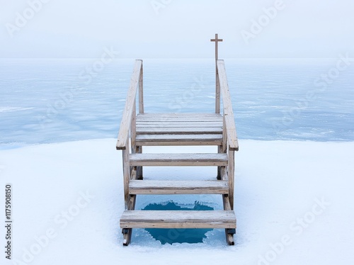 An Epiphany baptismal font made of wood, set up by the lake