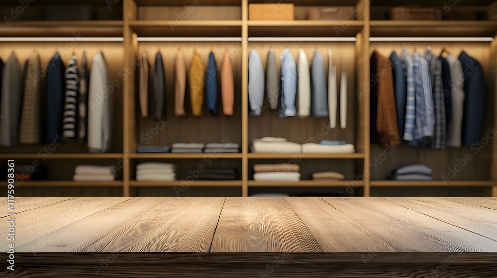 An empty wooden table with a blurred closet in the background provides a perfect setting for displaying or showcasing your products in a room An empty wooden table with a blurred closet in the background provides a perfect setting for displaying or showcasing your products in a room