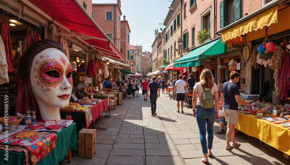 Obraz premium Vibrant market scene during Venice Carnival, festive celebration